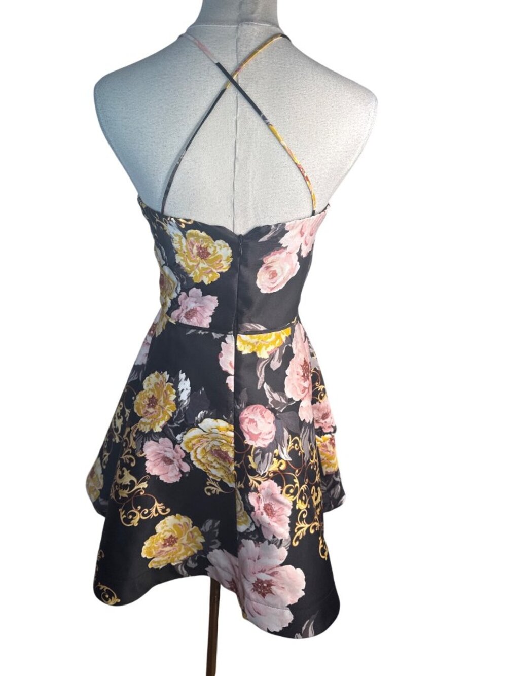 New BCX Floral Halter-Neck Size 3 Fit & Flare Dress Black/Yellow/Pink Polyester - Picture 3 of 15